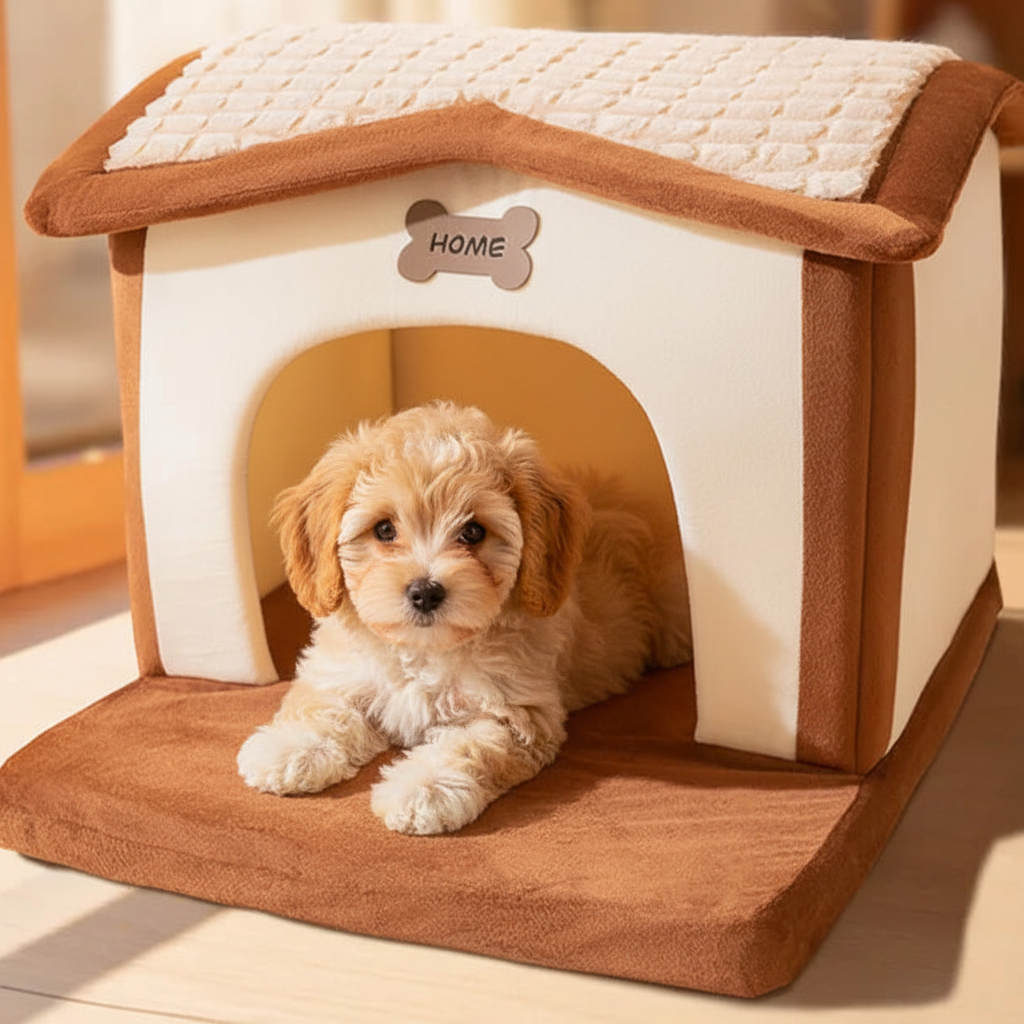 Cavoodle in dog house